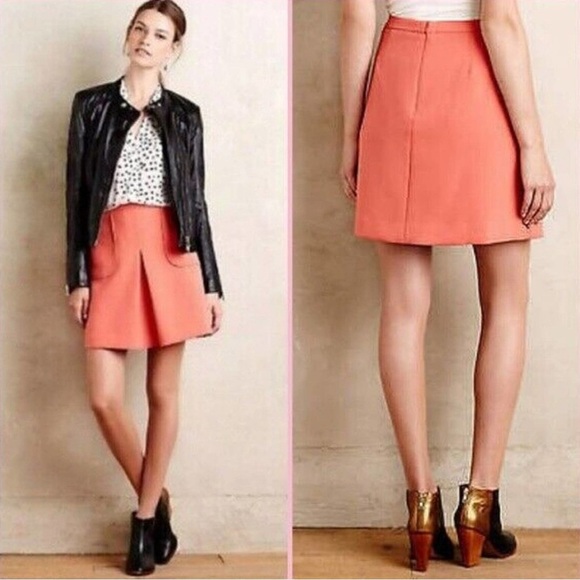 Anthropologie Maeve Cheri Pleated Back Zip Mini Skirt Women  Pink Salmon Size 8 - Picture 1 of 7